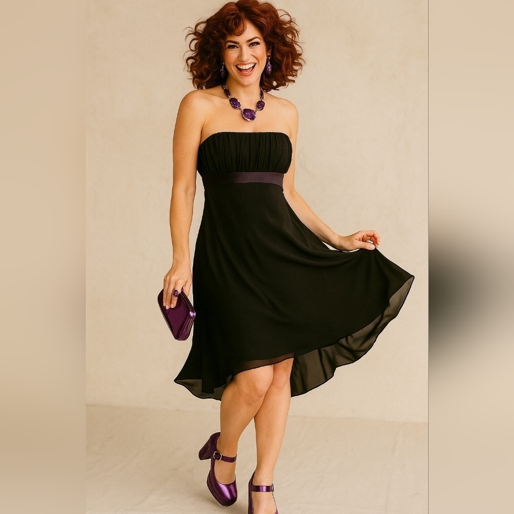 Black Strapless Dress. Satin Waist. Asymmetrical Hemline. Size Small - Picture 3 of 8